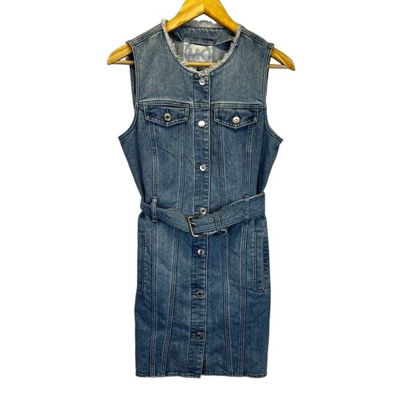 MICHAEL Michael Kors Frayed Neck Belted Seamed Denim dress sky haze wash - 8P - Picture 3 of 11